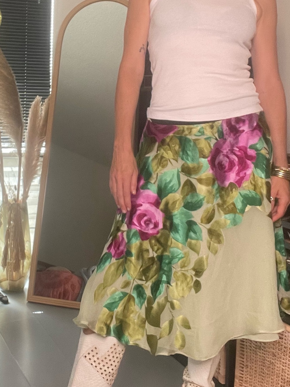 Vintage Monsoon Floral Satin A-Line Midi Skirt in Pink & Green